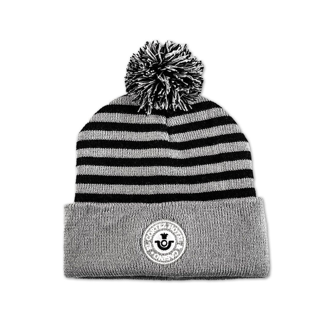 Las Vegas City Name Three Stripe Circular Patch Pom Beanie Winter Hat  (Black/Gray) 